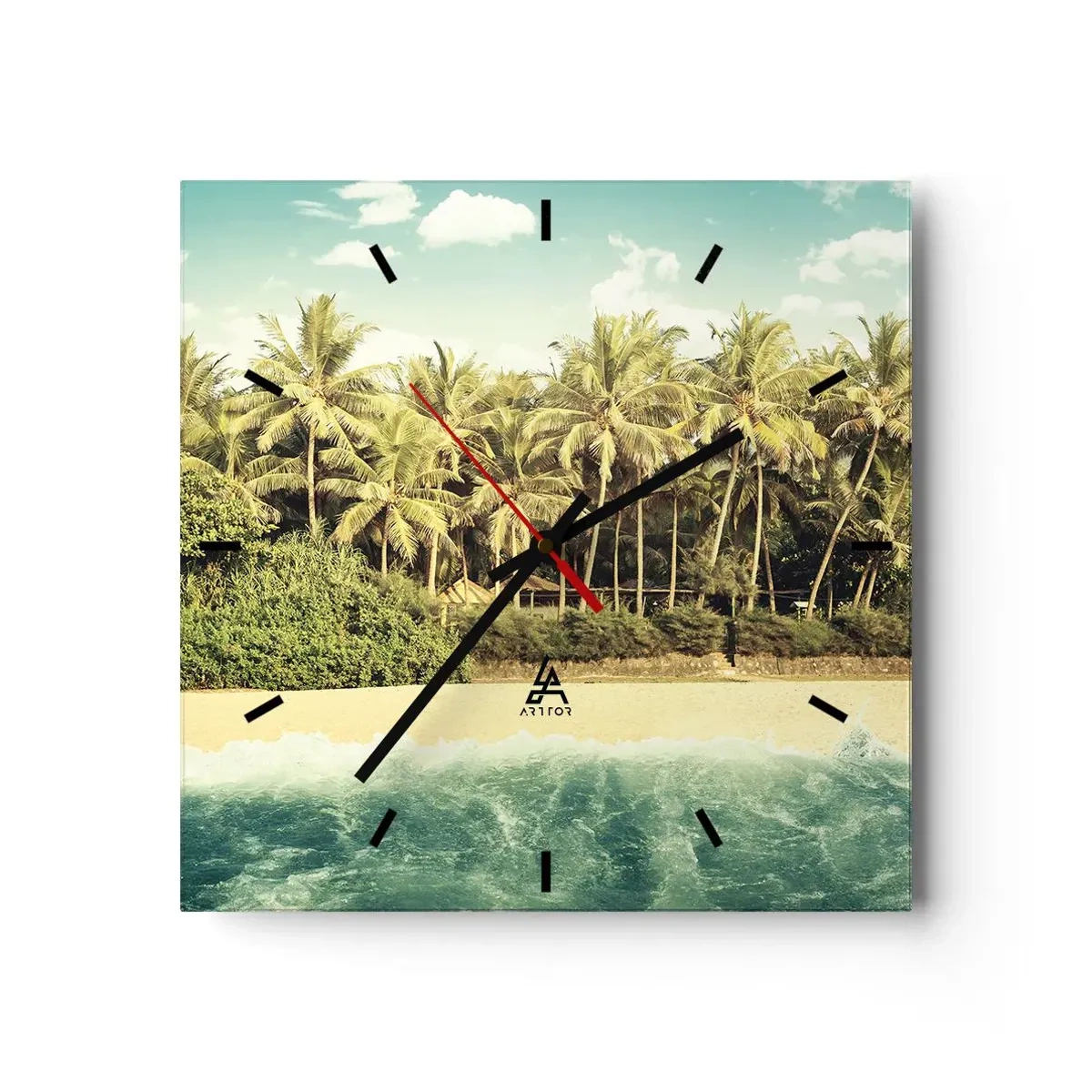 Orologio da parete - Orologio in Vetro - Spiaggia tropicale con palme e mare turchese - 30x30cm - Forse qui? - Decorazione murale moderna per soggiorno e camera da letto ARTTOR
