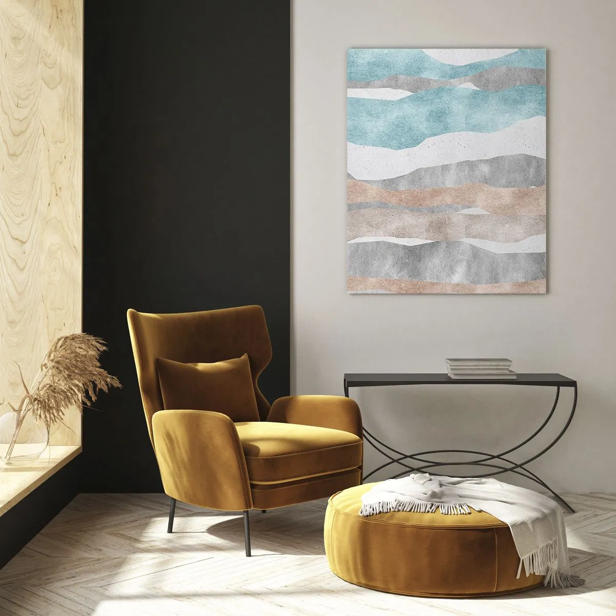 Quadro su vetro - Delicate strisce nei toni del beige e del blu - 50x70cm - Studio di prossimità - Decorazione murale moderna per soggiorno e camera da letto ARTTOR