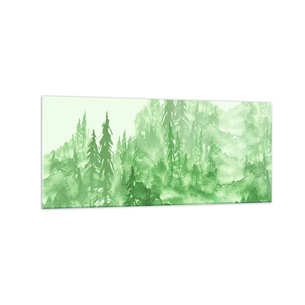 Quadro su vetro - Foresta verde in stile acquerello su sfondo chiaro - 120x50cm - Sfocato da una nebbia verde - Decorazione murale moderna per soggiorno e camera da letto ARTTOR