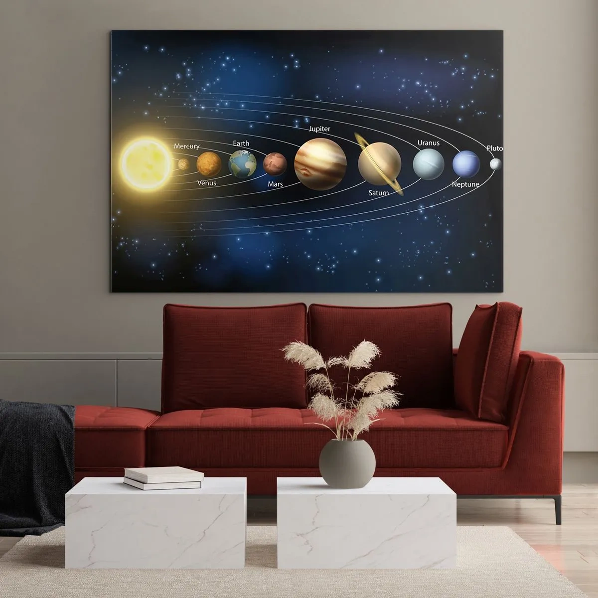 Quadro su vetro - Il sistema solare con pianeti e stelle sullo sfondo - 120x80cm - Uno su dieci - Decorazione murale moderna per soggiorno e camera da letto ARTTOR
