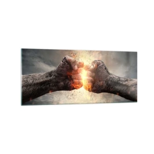 Quadro su vetro - Pugni chiusi in una scena di incendio dinamica - 120x50cm - Pronto alla battaglia - Decorazione murale moderna per soggiorno e camera da letto ARTTOR
