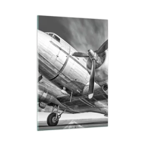 Quadro su vetro - Immagine in bianco e nero di un aereo classico con dettagli strutturali visibili. - 80x120cm - Sempre pronto al volo - Decorazione murale moderna per soggiorno e camera da letto ARTTOR