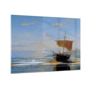 Quadro su vetro - Una nave con una vela sulla riva in stile pittorico - 70x50cm - Acqua, terra, aria - Decorazione murale moderna per soggiorno e camera da letto ARTTOR