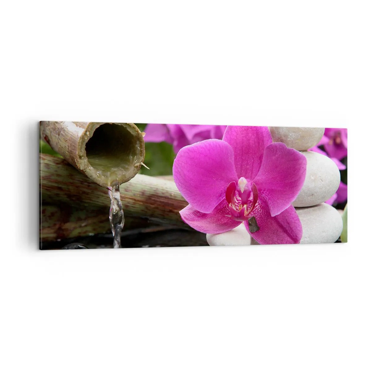 Quadro su tela - Stampe su Tela - Orchidea viola, pietre e bambù con acqua in un ambiente rilassante - 140x50cm - E già ti riposi - Decorazione murale moderna per soggiorno e camera da letto ARTTOR