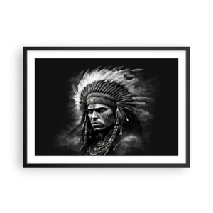 Poster in cornice nera - Ritratto di un capo con un copricapo piumato su sfondo nero - 70x50cm - Capo e guerriero - Decorazione murale moderna per soggiorno e camera da letto ARTTOR