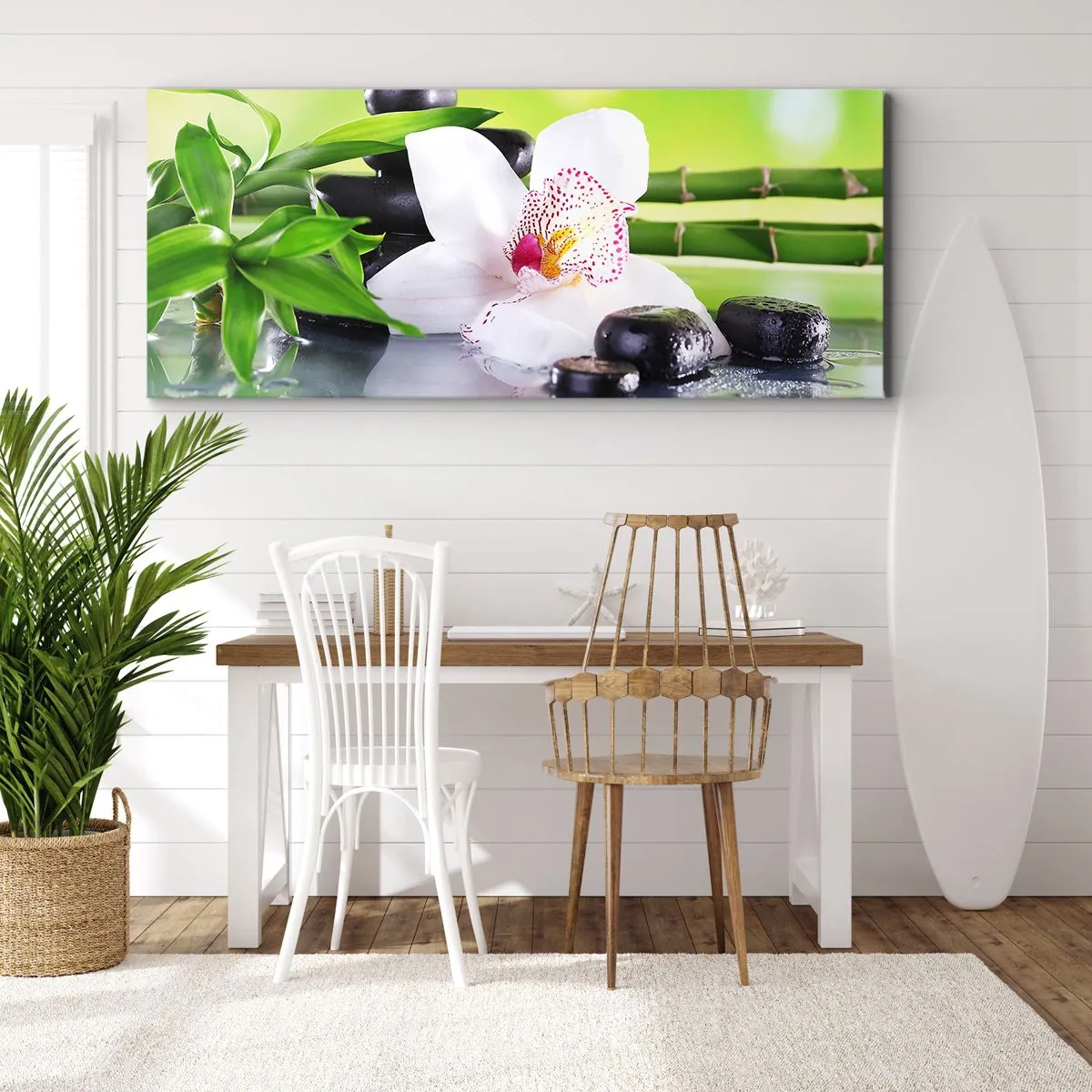 Quadro su tela - Stampe su Tela - Orchidea, pietre e bambù in un'armoniosa composizione spa - 160x50cm - Freschezza rinfrescante - Decorazione murale moderna per soggiorno e camera da letto ARTTOR
