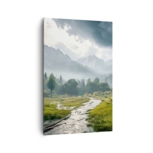 Quadro su tela - Stampe su Tela - Un paesaggio montano con un fiume e alberi circondati da montagne nebbiose - 80x120cm - Andata e ritorno - Decorazione murale moderna per soggiorno e camera da letto ARTTOR