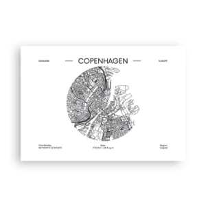 Poster - Una mappa di Copenaghen in stile minimalista in bianco e nero. - 100x70cm - Anatomia di Copenaghen - Decorazione murale moderna per soggiorno e camera da letto ARTTOR