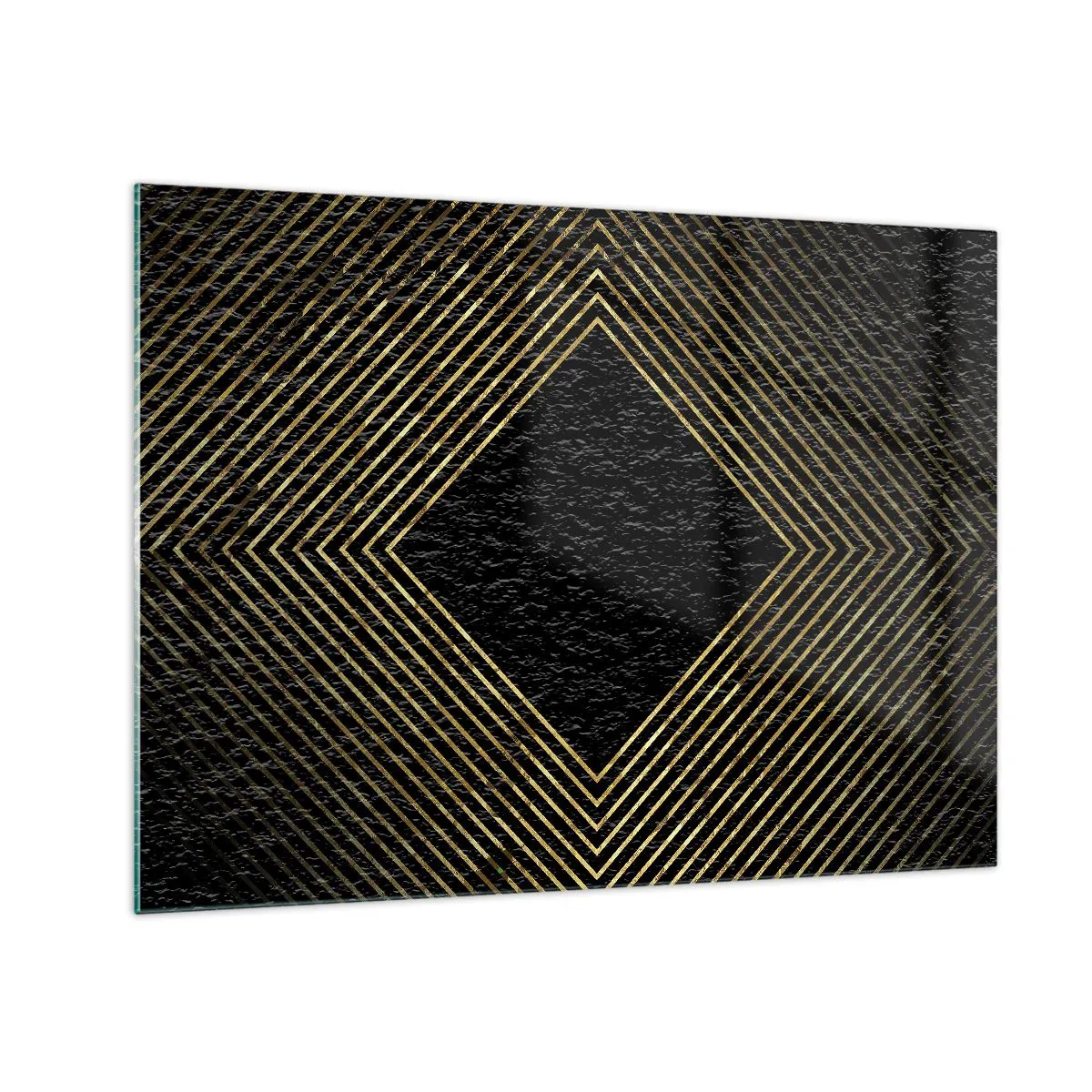 Quadro su vetro - Diamante in oro con linee geometriche su sfondo nero - 70x50cm - Geometria in stile glamour - Decorazione murale moderna per soggiorno e camera da letto ARTTOR
