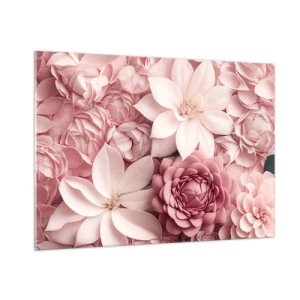 Quadro su vetro - Delicati fiori rosa in una composizione ricca di petali - 100x70cm - Nei petali di rosa - Decorazione murale moderna per soggiorno e camera da letto ARTTOR