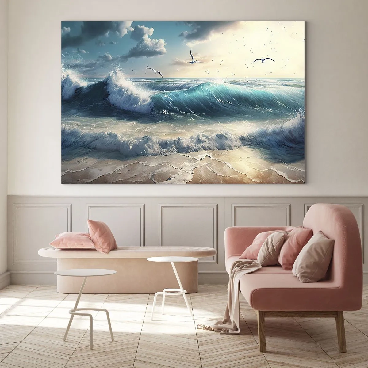 Quadro su vetro - Onde che si infrangono sulla riva nella luce del mattino - 120x80cm - Mormora solo per te - Decorazione murale moderna per soggiorno e camera da letto ARTTOR