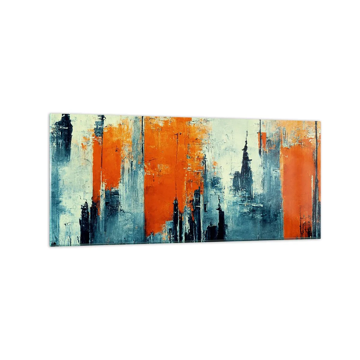 Quadro su vetro - Paesaggio urbano astratto nei toni dell'arancione e del blu - 120x50cm - Paesaggio moderno - Decorazione murale moderna per soggiorno e camera da letto ARTTOR