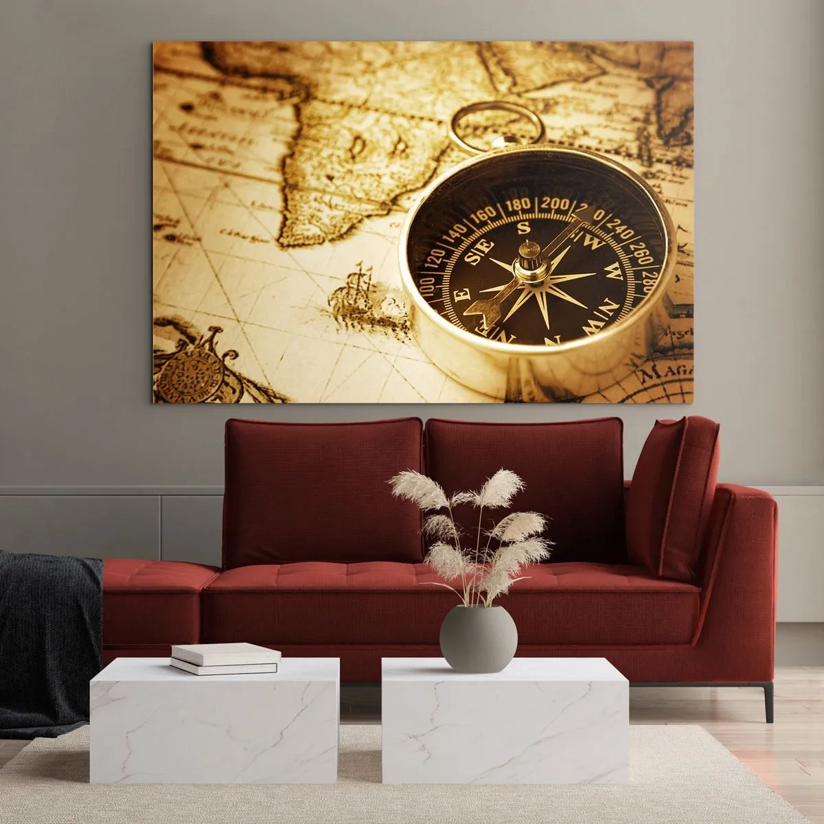 Quadro su vetro - Una bussola d'oro su uno sfondo di una vecchia mappa - 70x50cm - A est o a ovest? - Decorazione murale moderna per soggiorno e camera da letto ARTTOR
