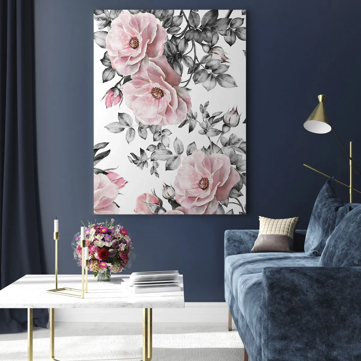 Quadro su vetro - Rose rosa e foglie su un delicato sfondo bianco e nero - 70x100cm - Perdersi tra le rose - Decorazione murale moderna per soggiorno e camera da letto ARTTOR