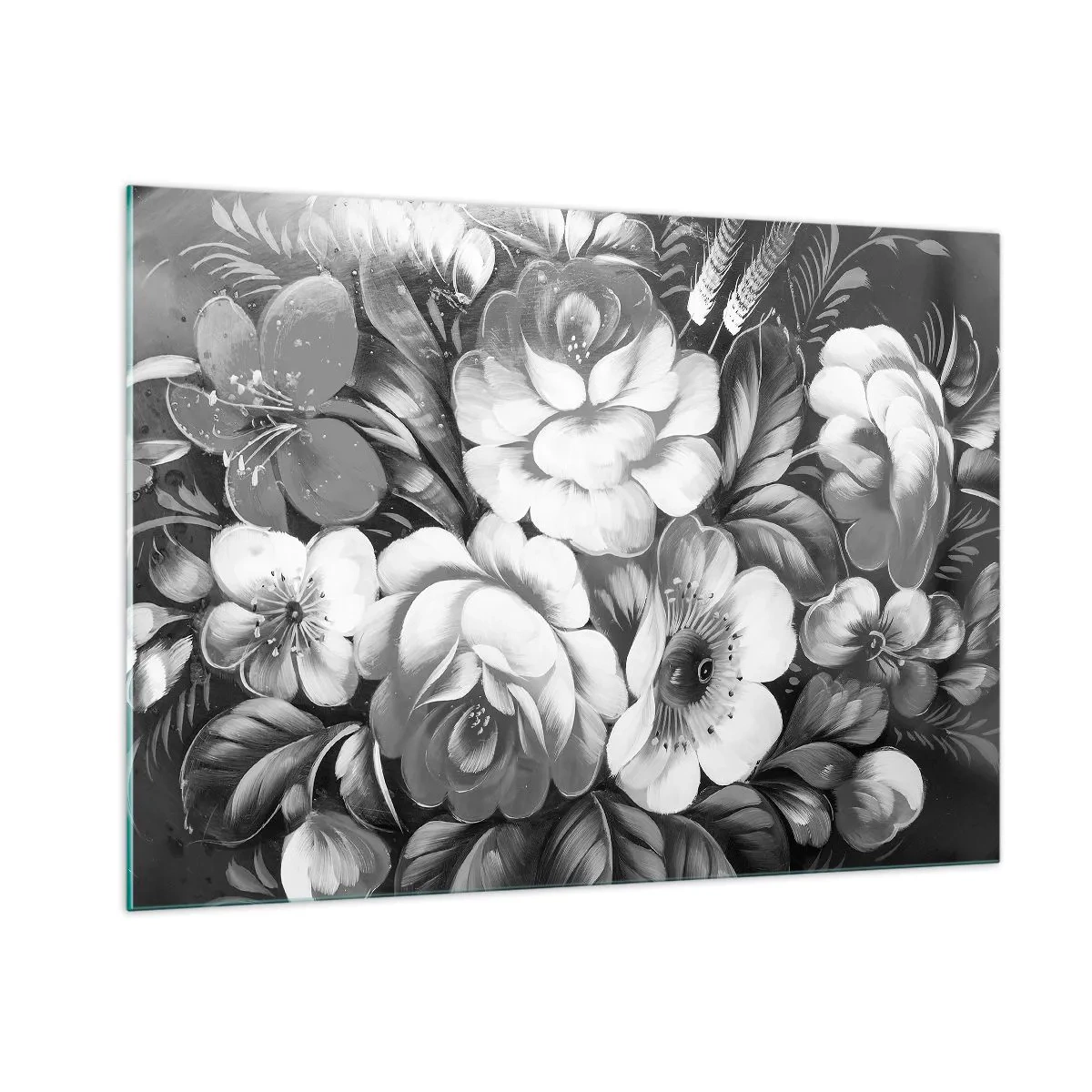 Quadro su vetro - Un elegante bouquet di fiori nei toni del grigio - 100x70cm - Belli anche in grigio - Decorazione murale moderna per soggiorno e camera da letto ARTTOR