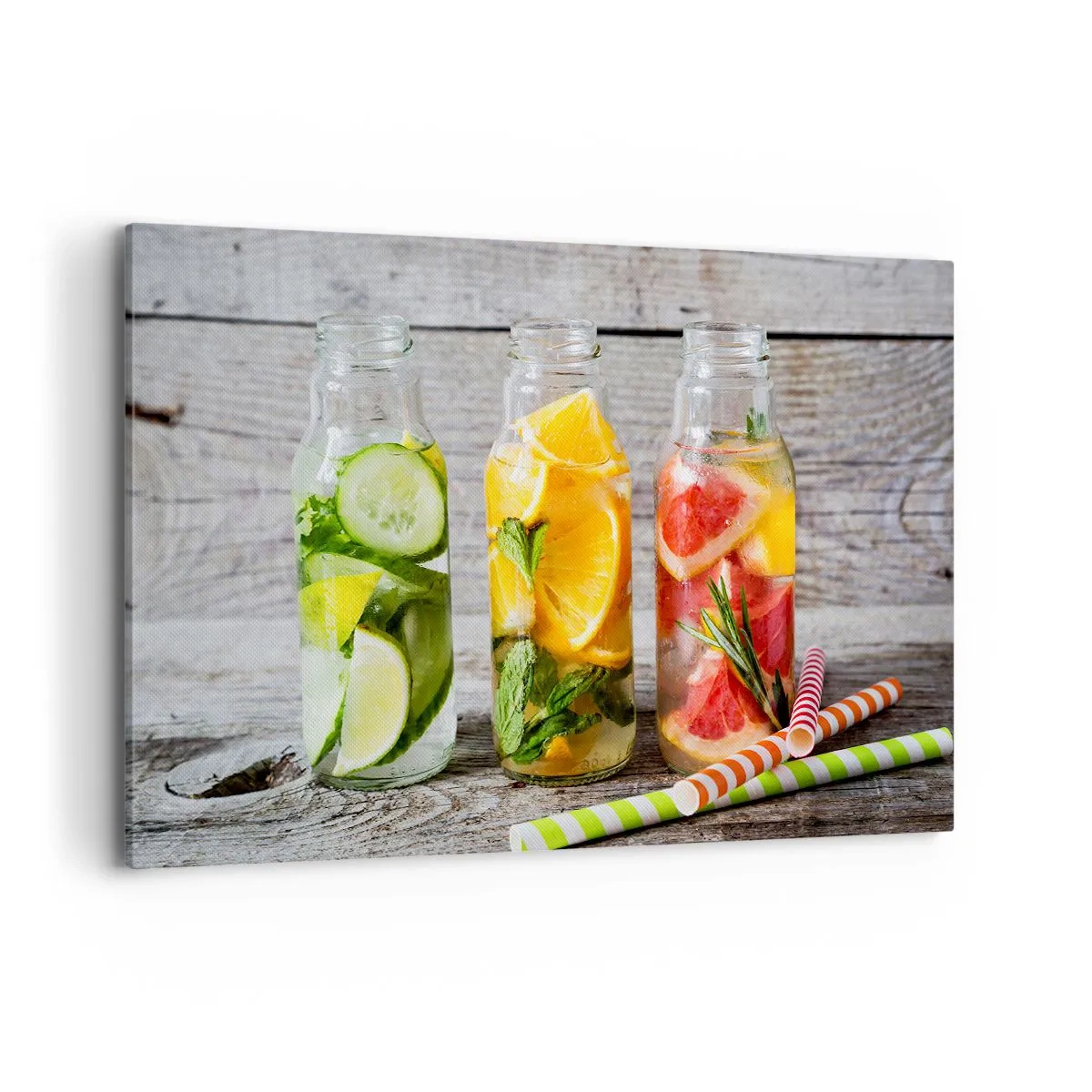 Quadro su tela - Stampe su Tela - Bottiglie di acqua alla frutta ed erbe aromatiche su uno sfondo di legno - 120x80cm - Sani di natura - Decorazione murale moderna per soggiorno e camera da letto ARTTOR