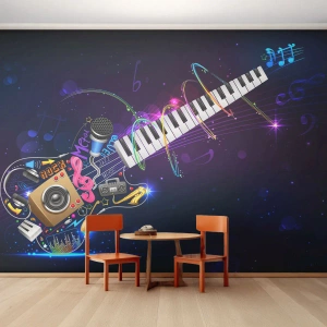 Fotomurali Premium Canvas - Una chitarra colorata con una tastiera e un microfono su uno sfondo scuro. - 100x70cm - Armonia di suoni - Decorazione murale moderna per soggiorno e camera da letto ARTTOR