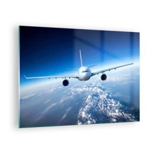 Quadro su vetro - Un aereo passeggeri contro un cielo azzurro e nuvole - 70x50cm - Voglia di volare - Decorazione murale moderna per soggiorno e camera da letto ARTTOR