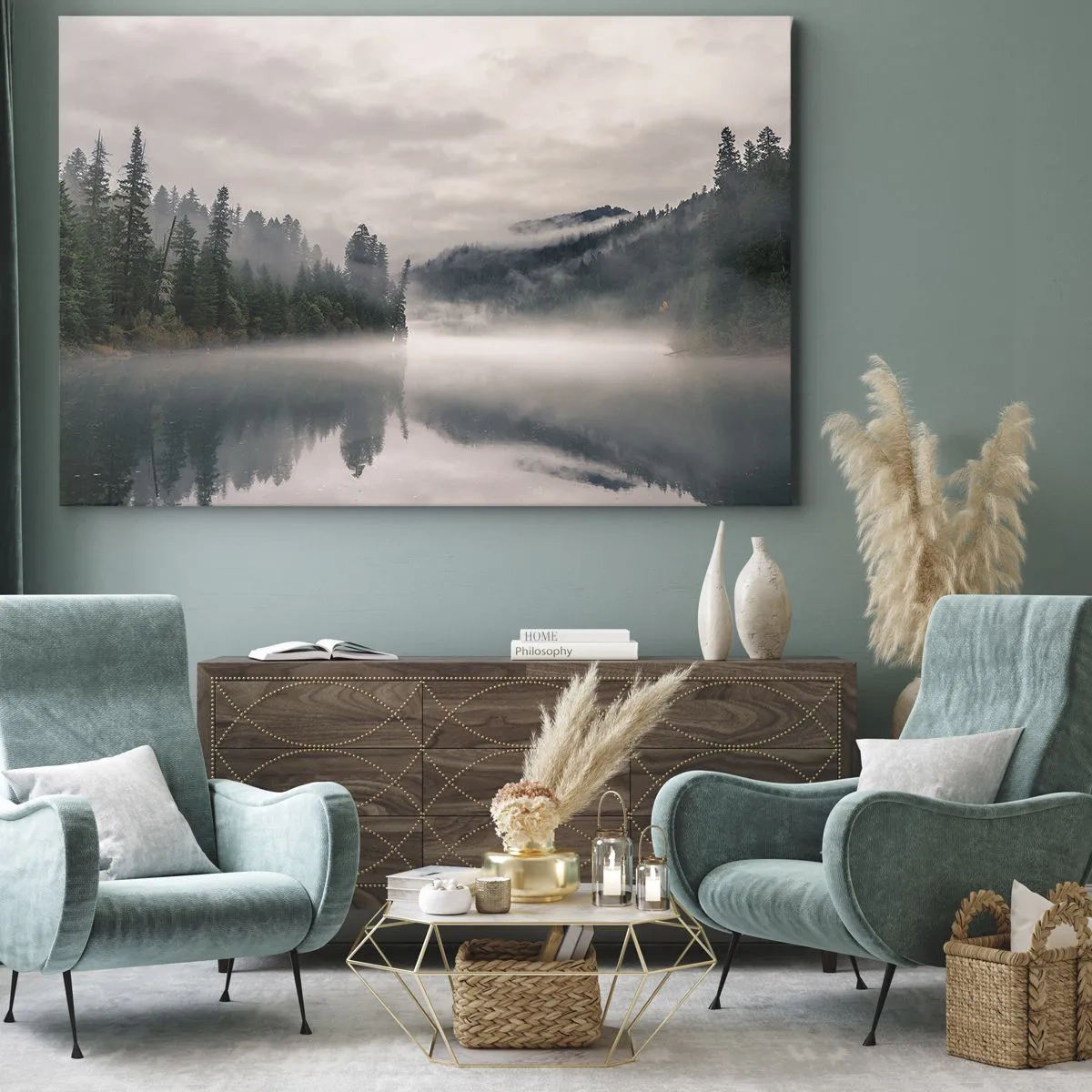 Quadro su tela - Stampe su Tela - Una foresta nebbiosa riflessa in un lago calmo - 120x80cm - Riflettendo nella nebbia - Decorazione murale moderna per soggiorno e camera da letto ARTTOR