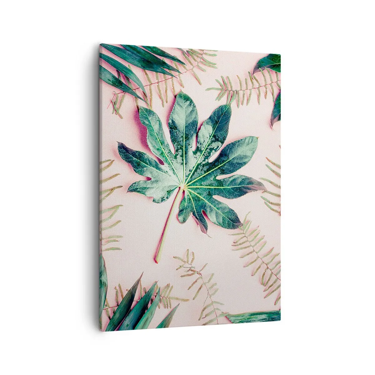 Quadro su tela - Stampe su Tela - Foglie tropicali su uno sfondo pastello chiaro - 50x70cm - Studio di verde su sfondo rosa - Decorazione murale moderna per soggiorno e camera da letto ARTTOR