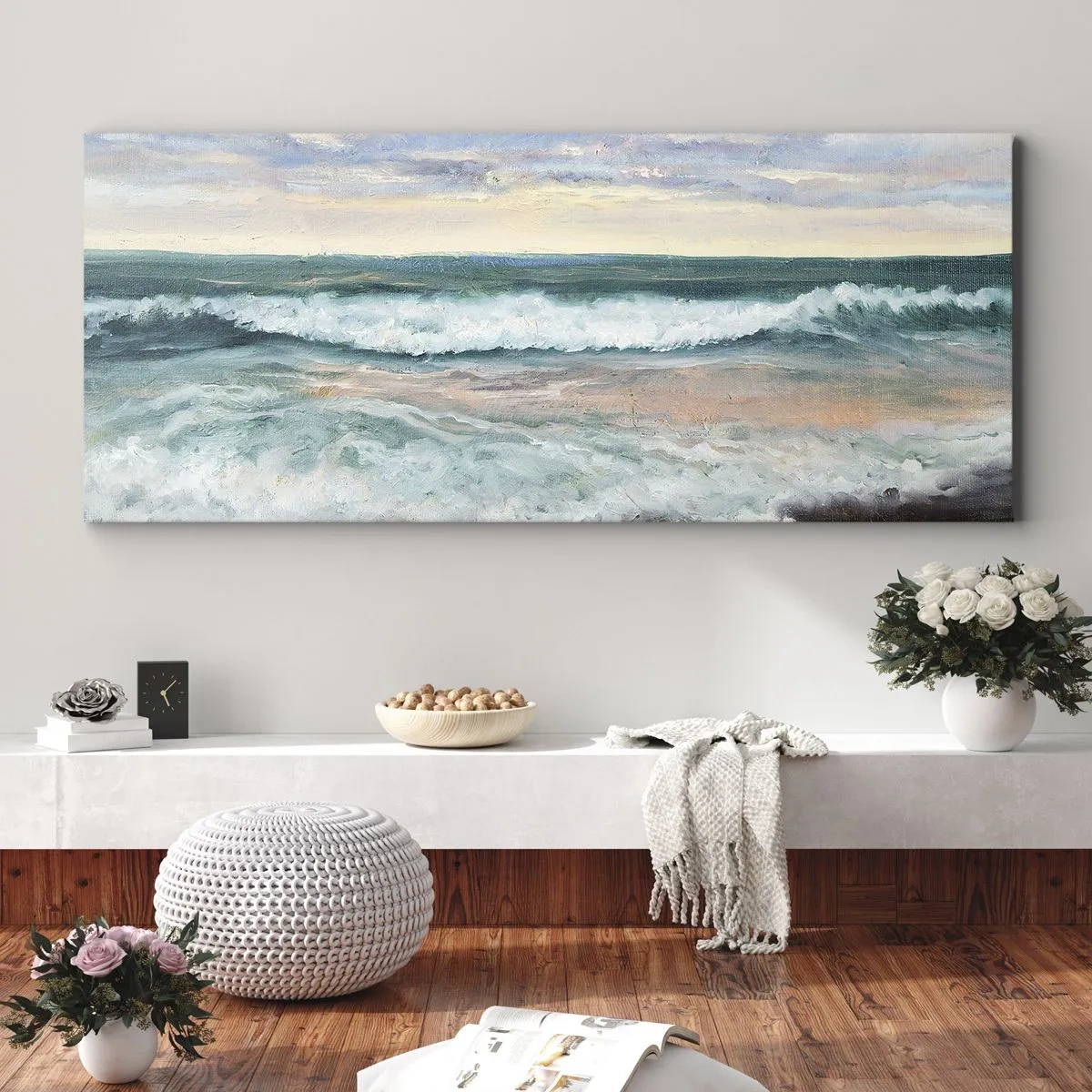 Quadro su tela - Stampe su Tela - Onde del mare contro un cielo nuvoloso al tramonto - 140x50cm - Dove l'anima si calma - Decorazione murale moderna per soggiorno e camera da letto ARTTOR