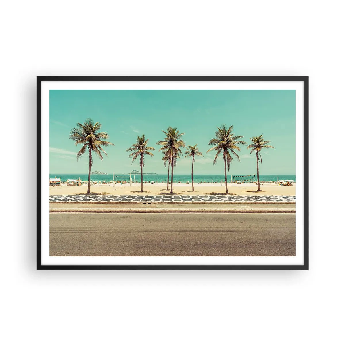Poster in cornice nera - Palme sulla spiaggia con vista sul mare e sul cielo azzurro - 100x70cm - A guardia della spiaggia - Decorazione murale moderna per soggiorno e camera da letto ARTTOR