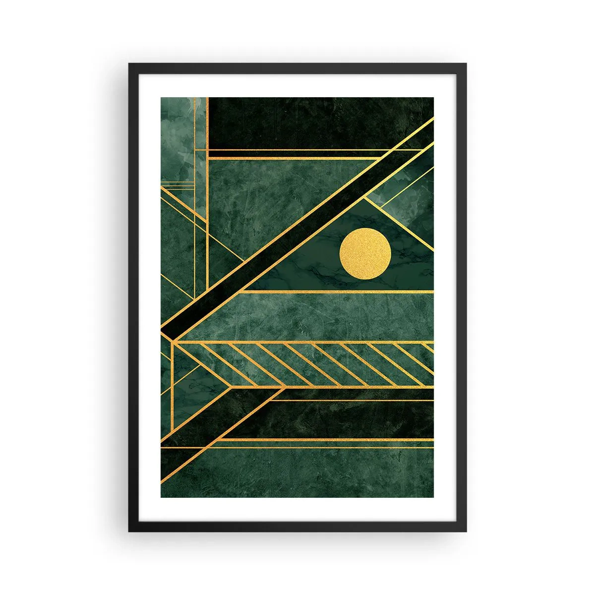 Poster in cornice nera - Astrazione geometrica in verde con accenti dorati - 50x70cm - Dinamica di oro e azzurro - Decorazione murale moderna per soggiorno e camera da letto ARTTOR