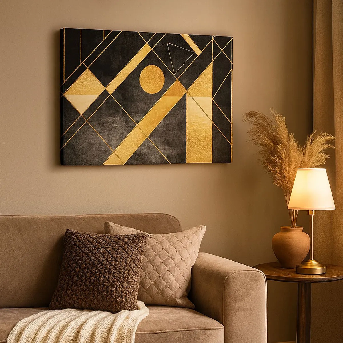 Quadro su tela - Stampe su Tela - Forme geometriche nei toni dell'oro e del nero - 70x50cm - Sole del deserto - Decorazione murale moderna per soggiorno e camera da letto ARTTOR