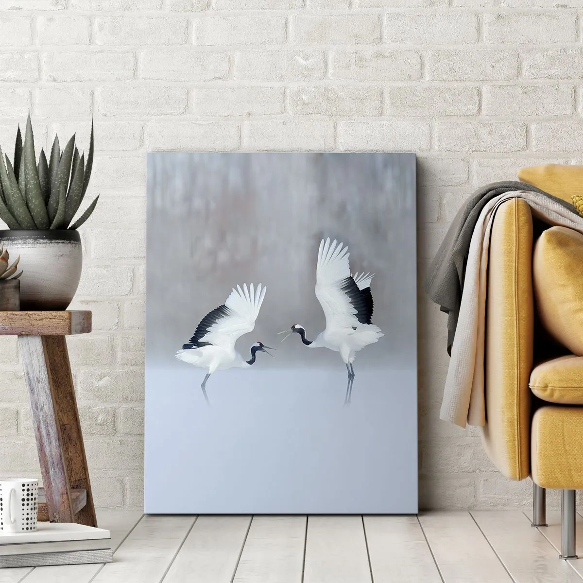 Quadro su tela - Stampe su Tela - Due gru che danzano in un paesaggio nebbioso - 70x100cm - Danza nella nebbia - Decorazione murale moderna per soggiorno e camera da letto ARTTOR