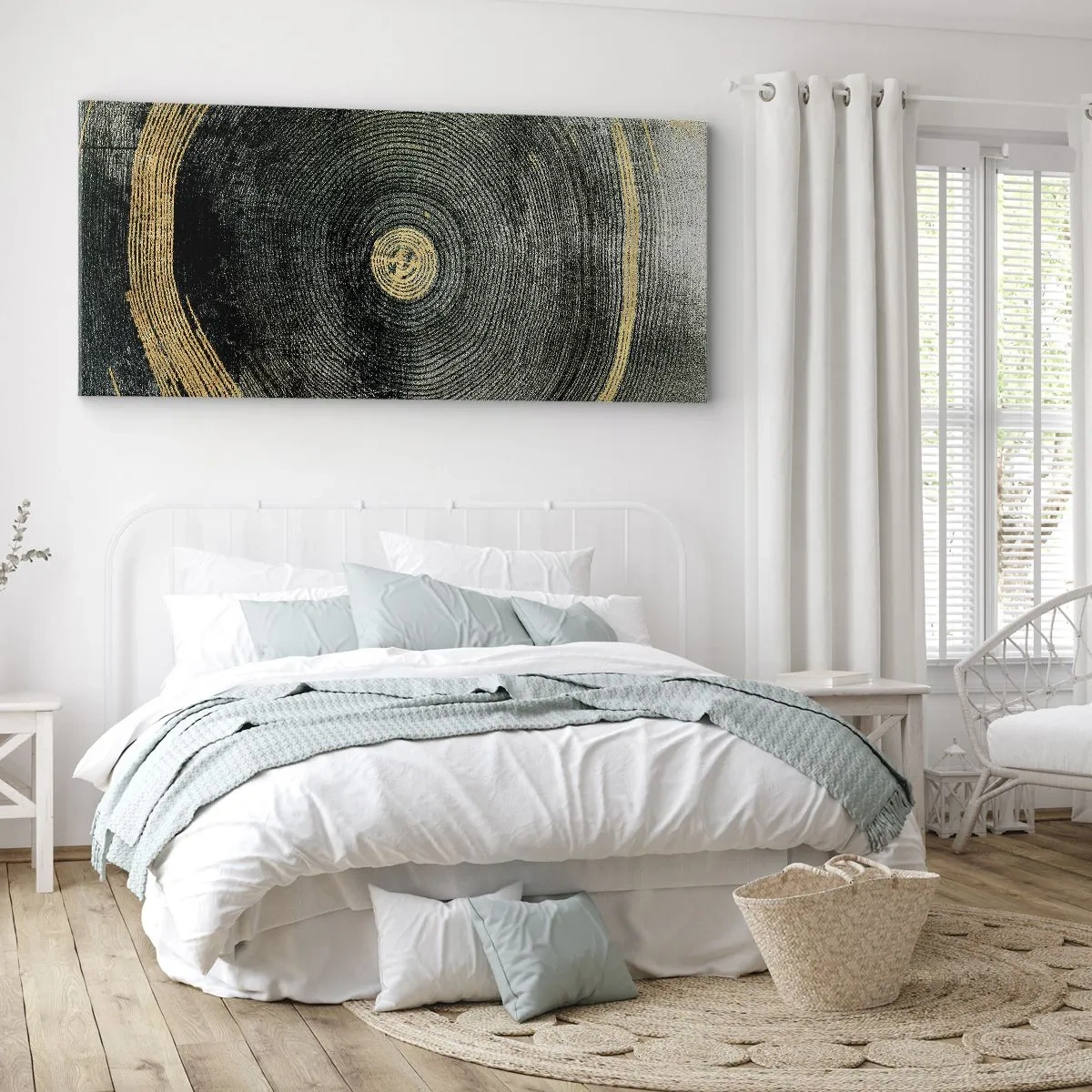 Quadro su tela - Stampe su Tela - Cerchi concentrici con accenti dorati - 160x50cm - Cambiamento e persistenza - Decorazione murale moderna per soggiorno e camera da letto ARTTOR