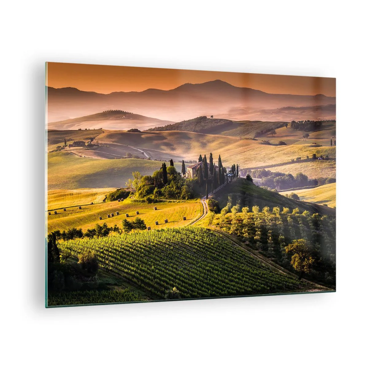 Quadro su vetro - Paesaggio toscano all'alba - 70x50cm - Arcadia: paesaggio toscano - Decorazione murale moderna per soggiorno e camera da letto ARTTOR