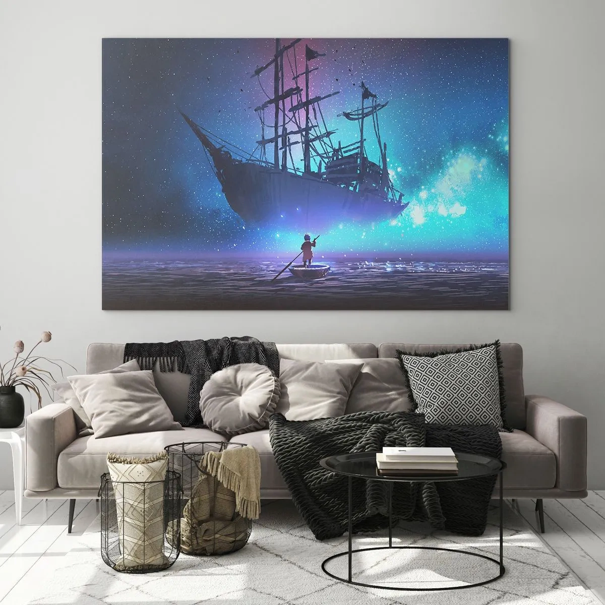 Quadro su vetro - Una nave notturna che galleggia sull'acqua in un'aura magica - 70x50cm - Incontro con il mito del mare - Decorazione murale moderna per soggiorno e camera da letto ARTTOR