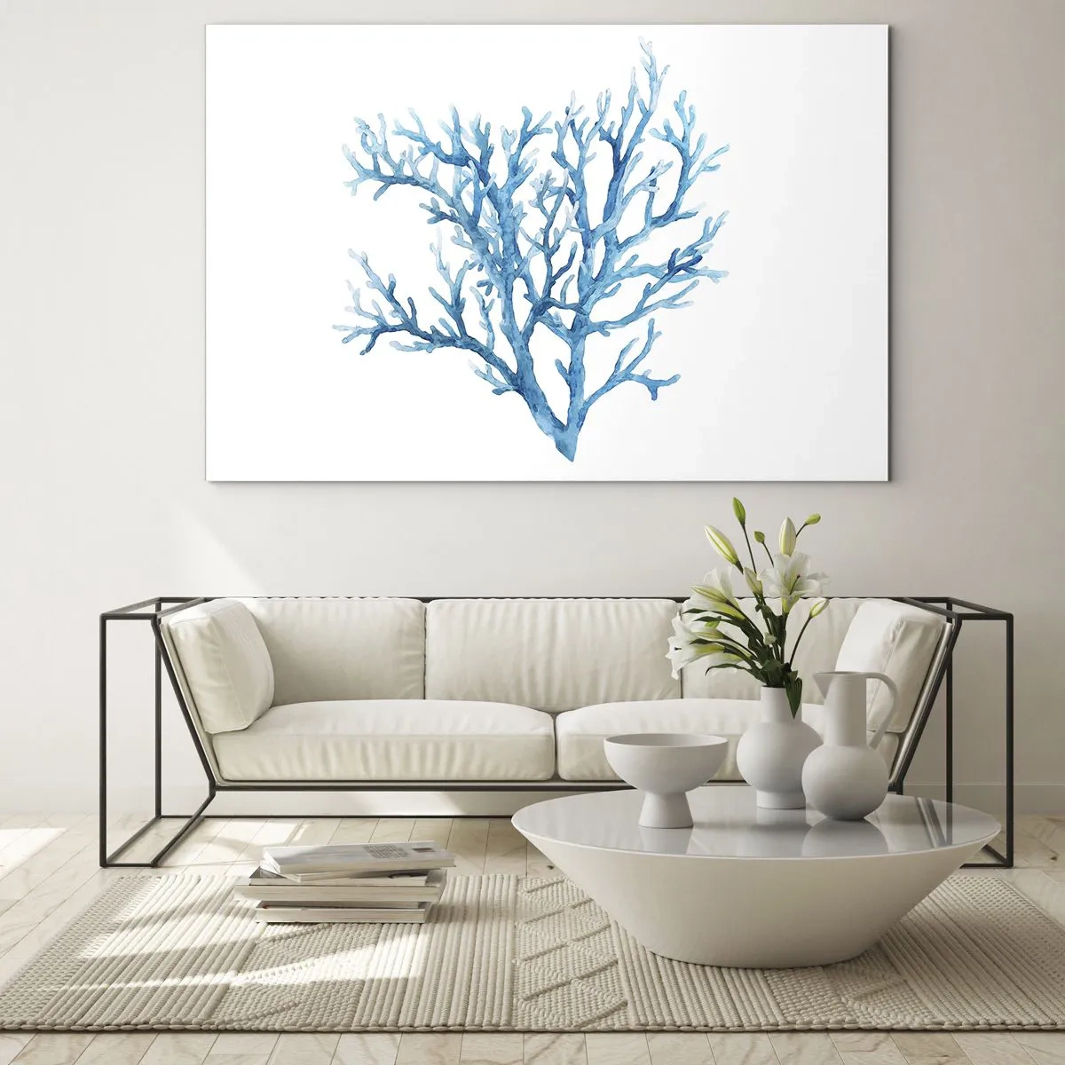 Quadro su vetro - Un delicato acquerello raffigurante il corallo blu - 70x50cm - Filigrana marina - Decorazione murale moderna per soggiorno e camera da letto ARTTOR