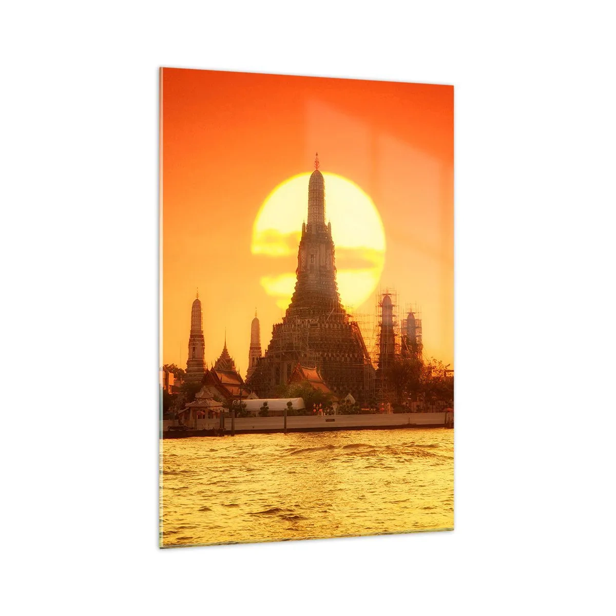 Quadro su vetro - Tramonto sul tempio con riflesso nell'acqua - 70x100cm - Verso il sole, sempre verso il sole - Decorazione murale moderna per soggiorno e camera da letto ARTTOR