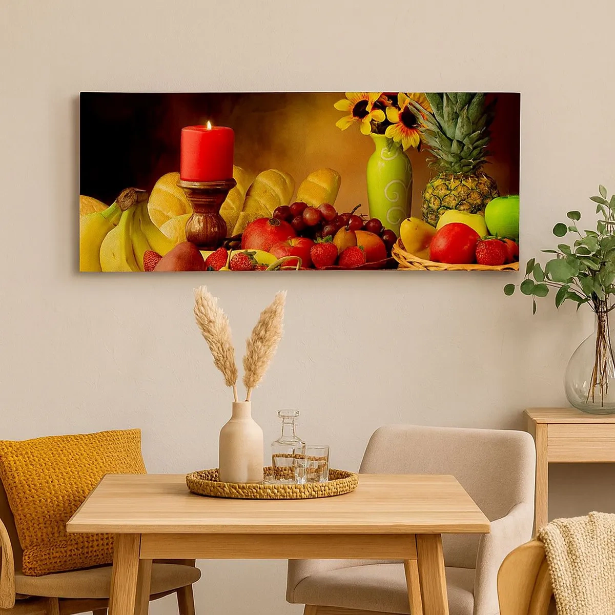 Quadro su tela - Stampe su Tela - Natura morta con pane e frutta - 100x40 cm