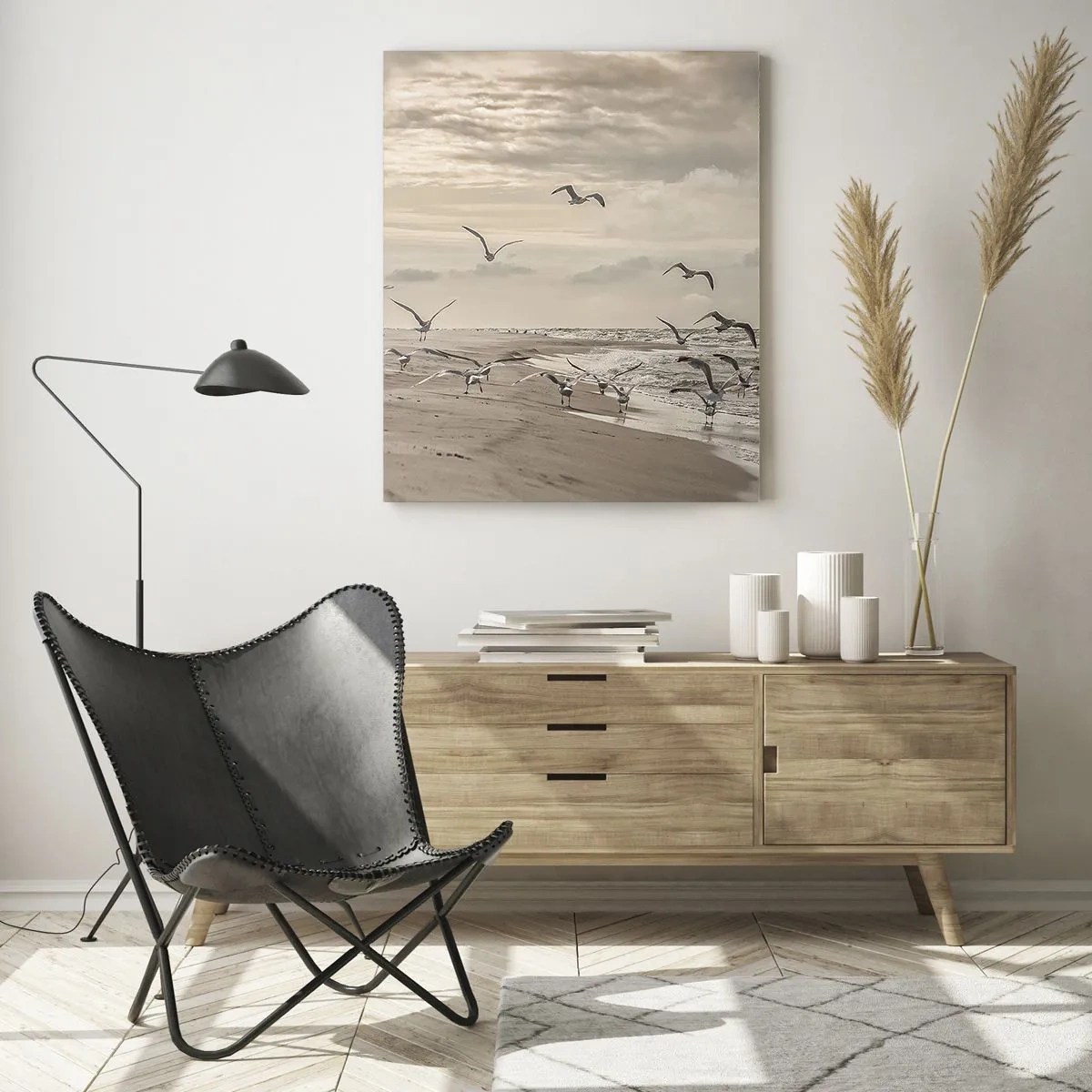 Quadro su vetro - Uccelli sulla riva del mare all'alba nei toni seppia - 50x70cm - Brusio del mare, canto degli uccelli - Decorazione murale moderna per soggiorno e camera da letto ARTTOR