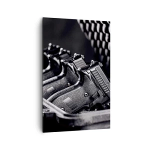 Quadro su tela - Stampe su Tela - Un'immagine in bianco e nero di una pila di armi in una valigia. - 80x120cm - Sport maschile - Decorazione murale moderna per soggiorno e camera da letto ARTTOR
