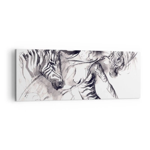 Quadro su tela - Stampe su Tela - Una donna in una danza dinamica con zebre in un'estetica in bianco e nero - 140x50cm - Ballando con le zebre - Decorazione murale moderna per soggiorno e camera da letto ARTTOR