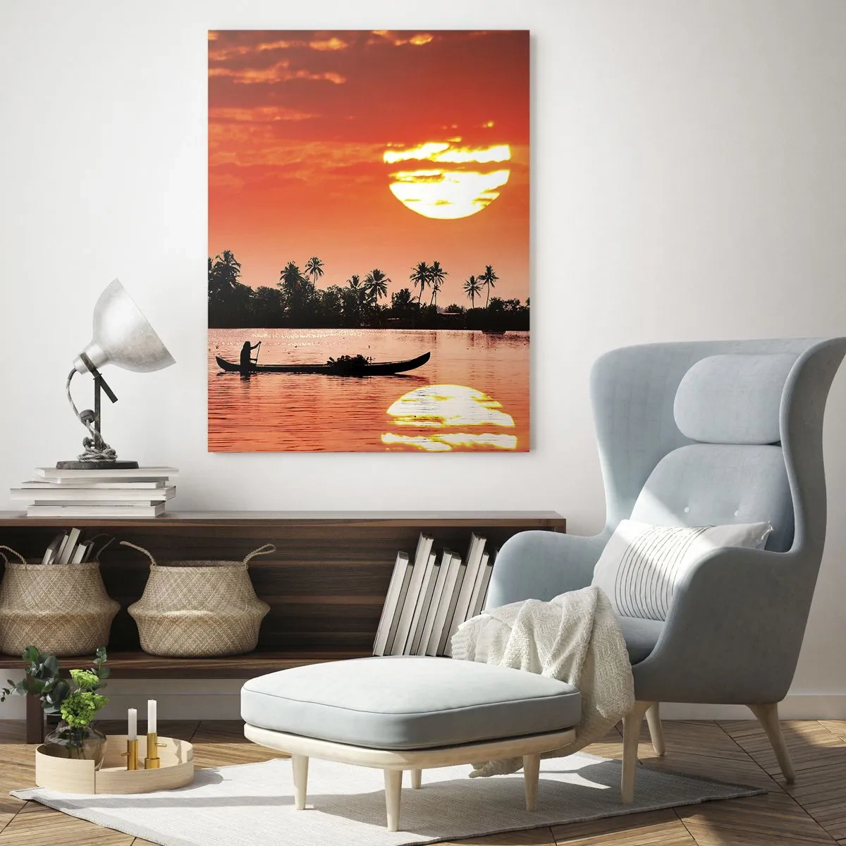 Quadro su vetro - Tramonto sul fiume con palme e una barca - 50x70cm - La calma dei tropici al tramonto - Decorazione murale moderna per soggiorno e camera da letto ARTTOR