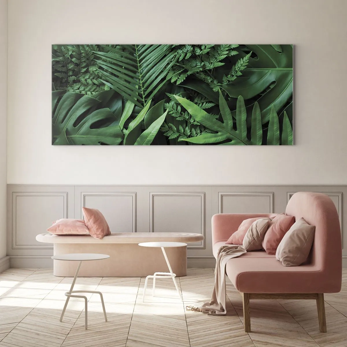 Quadro su vetro - Foglie tropicali verdi in una composizione densa e naturale - 120x50cm - Avvolti nel verde - Decorazione murale moderna per soggiorno e camera da letto ARTTOR