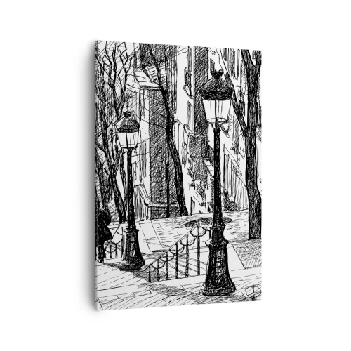 Quadro su tela - Stampe su Tela - Una strada con lampioni e una sagoma umana in tecnica di schizzo - 70x100cm - Storia d'amore o racconto di paura? - Decorazione murale moderna per soggiorno e camera da letto ARTTOR