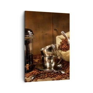 Quadro su tela - Stampe su Tela - French press, tazze e una busta di caffè su uno sfondo di legno - 50x70cm - Magia del caffè: aroma e sapore - Decorazione murale moderna per soggiorno e camera da letto ARTTOR
