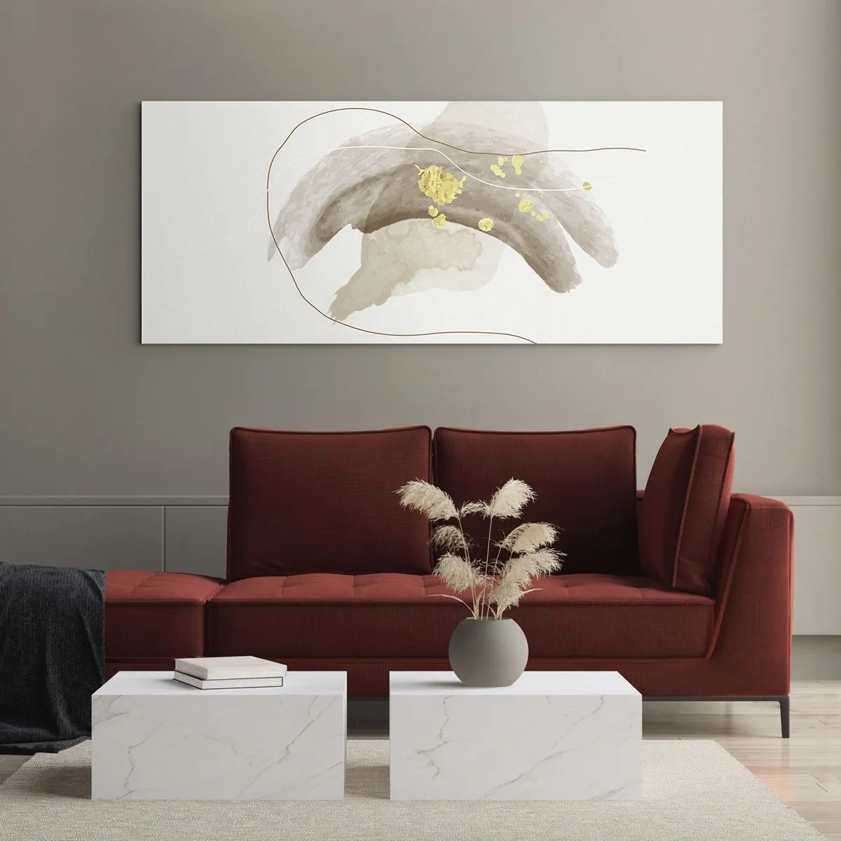 Quadro su vetro - Una composizione astratta nei toni del beige e dell'oro. - 160x50cm - Incontro nello spazio - Decorazione murale moderna per soggiorno e camera da letto ARTTOR