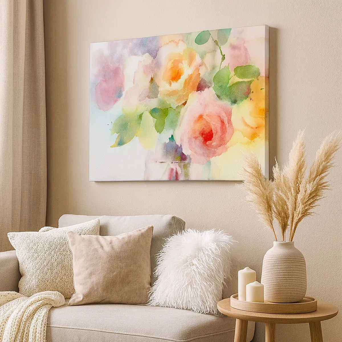 Quadro su tela - Stampe su Tela - Delicate rose in stile acquerello su uno sfondo chiaro - 70x50cm - Delicati come un acquerello - Decorazione murale moderna per soggiorno e camera da letto ARTTOR