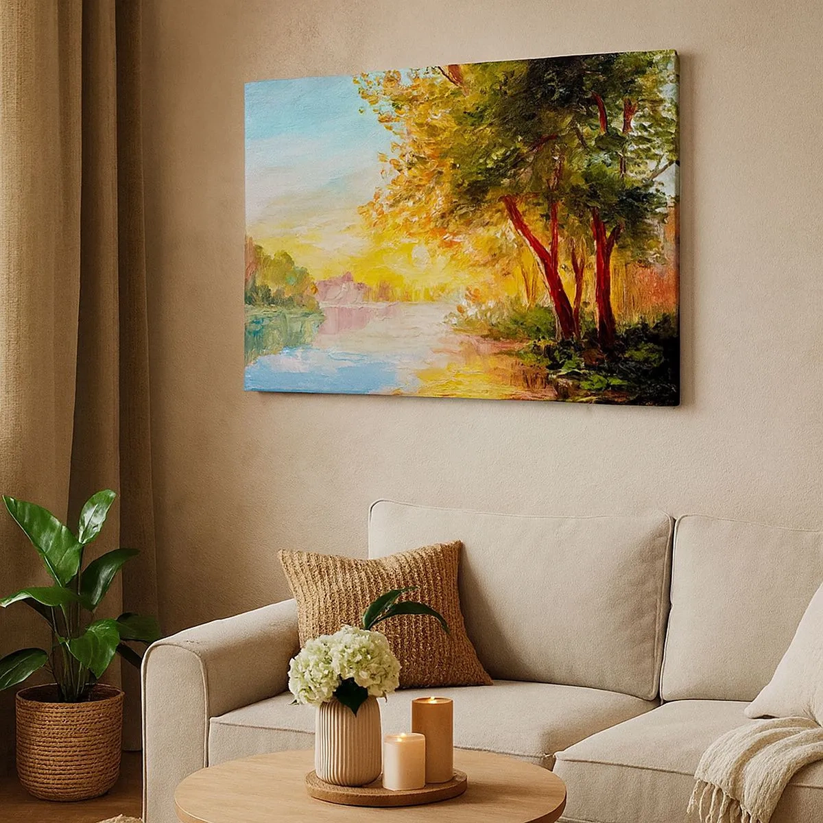 Quadro su tela - Stampe su Tela - Un paesaggio pittoresco con un fiume e alberi al tramonto - 70x50cm - Et in Arcadia ego - Decorazione murale moderna per soggiorno e camera da letto ARTTOR