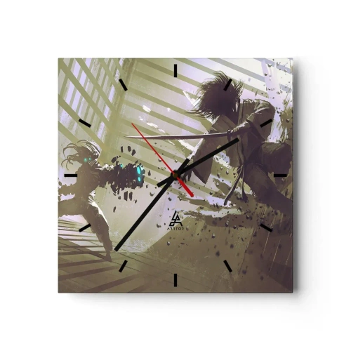 Orologio da parete - Orologio in Vetro - Combattimento dinamico tra due personaggi in stile futuristico - 30x30cm - Anche tu puoi essere un samurai - Decorazione murale moderna per soggiorno e camera da letto ARTTOR