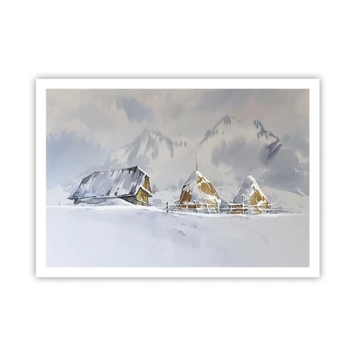 Poster - Paesaggio invernale con una casetta e pagliai in montagna - 100x70cm - Nella valle innevata - Decorazione murale moderna per soggiorno e camera da letto ARTTOR