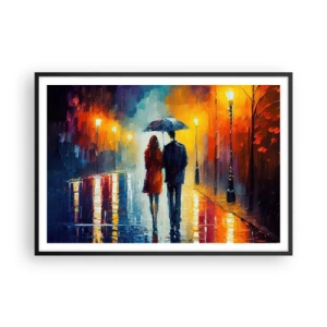 Poster in cornice nera - Una coppia sotto un ombrello che cammina attraverso una colorata città notturna - 100x70cm - Insieme la notte è colorata - Decorazione murale moderna per soggiorno e camera da letto ARTTOR