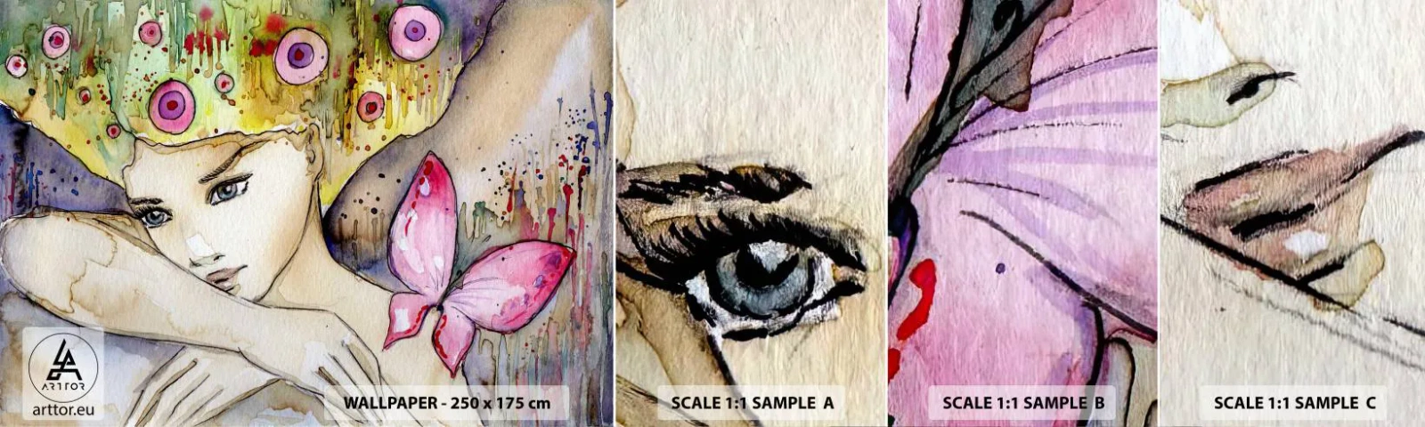 Campione Di Fotomurale Standard Eco - La farfalla della principessa - Astrazione, Donna, Acquerelli - 100x30 cm