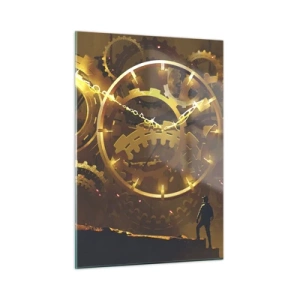 Quadro su vetro - Ingranaggi steampunk dorati con retroilluminazione su una sagoma umana - 50x70cm - Alla fonte del tempo - Decorazione murale moderna per soggiorno e camera da letto ARTTOR